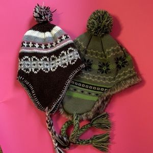 4/$24🦩2 Pom Pom long knit caps, cover ears, braided ties, unbranded, One Size